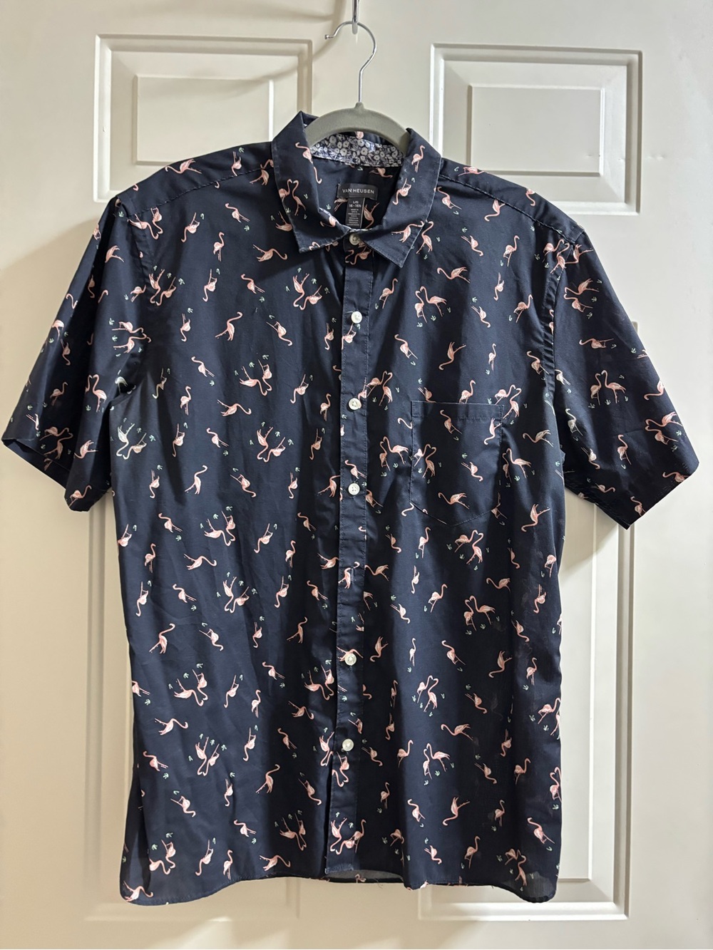 Van Heusen Navy Short-Sleeve Button-Down with Pink Flamingo Print